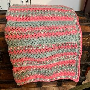 Cozy Pink and Green Crocheted Throw Blanket